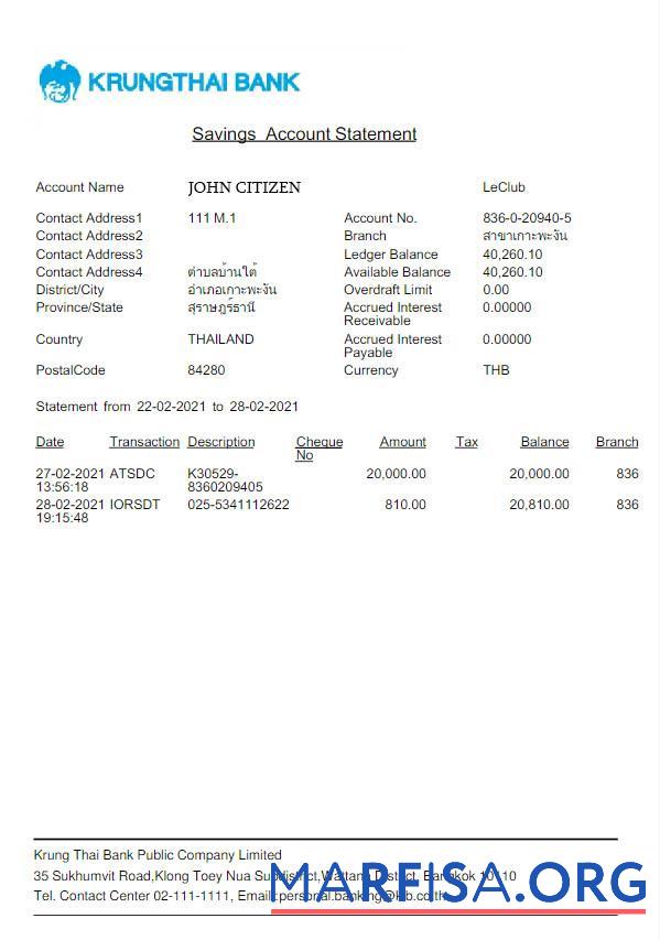 Printable Thailand Krungthai bank statement excel download for verification